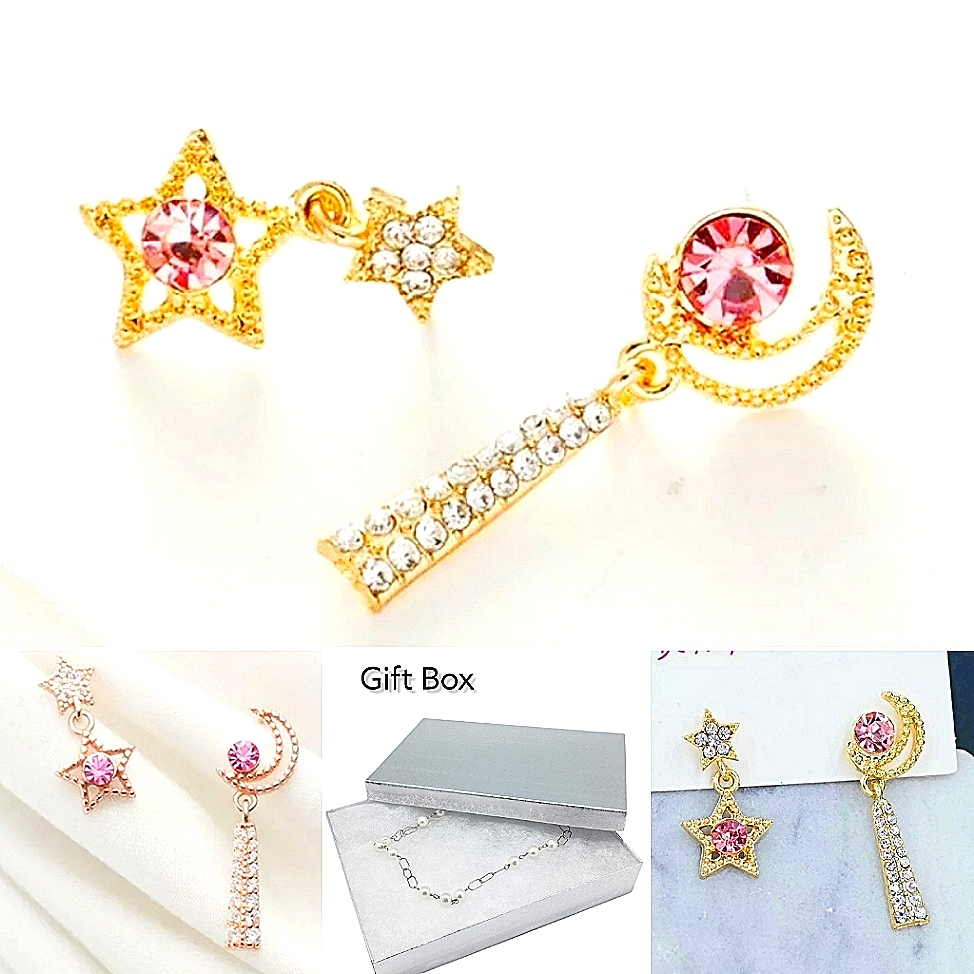 Gold Pink And White Crystal Star Crescent Moon Drop Earrings With Silver Post